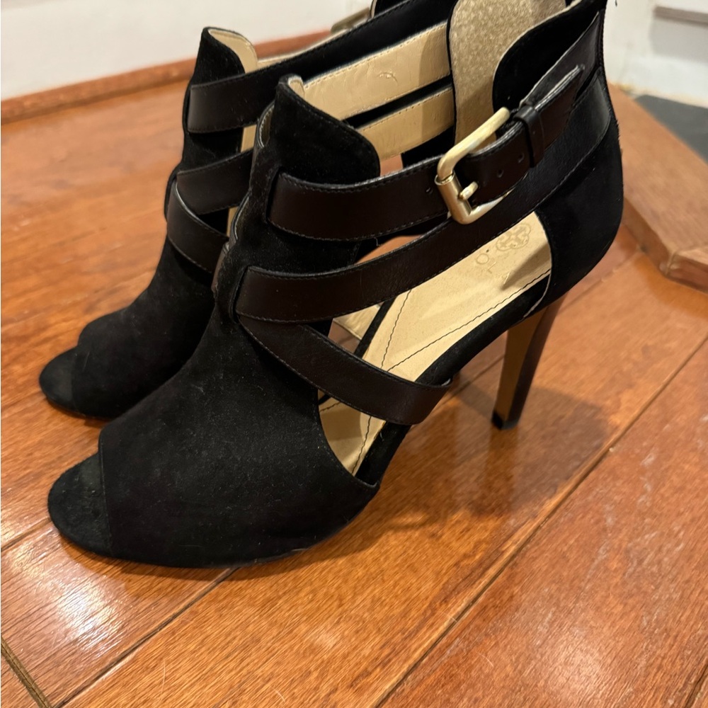 Isola Black Suede Cutout Strappy Peep-Toe Heels with Gold Buckle